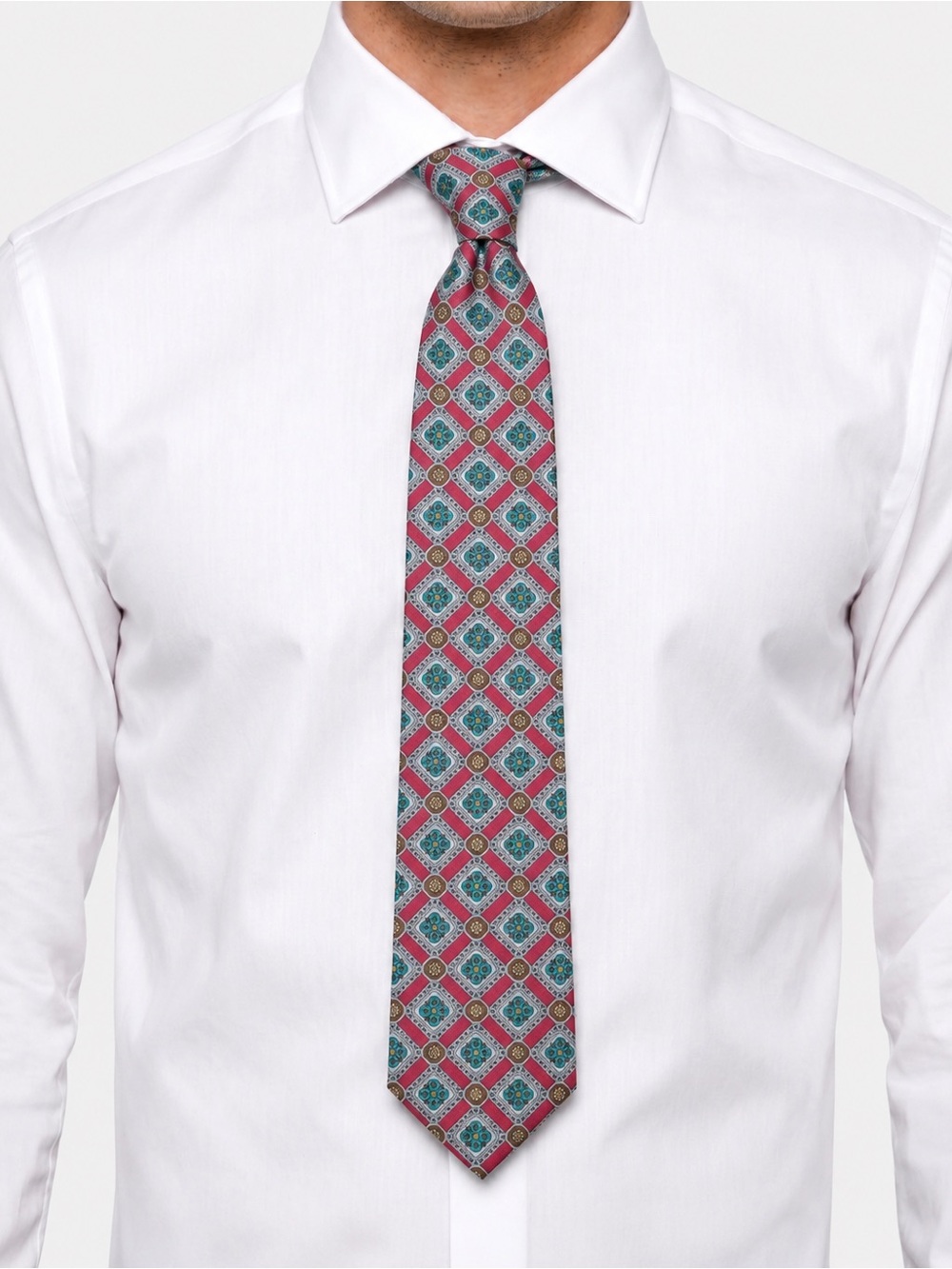 Vintage Anne Catherine 100% Silk Tie Red Teal Geometric Medallion Necktie